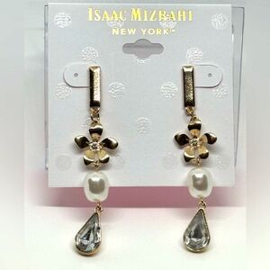 ISAAC MIZRAHI Gold Tone Flower Crystal Dangling Post  Earrings